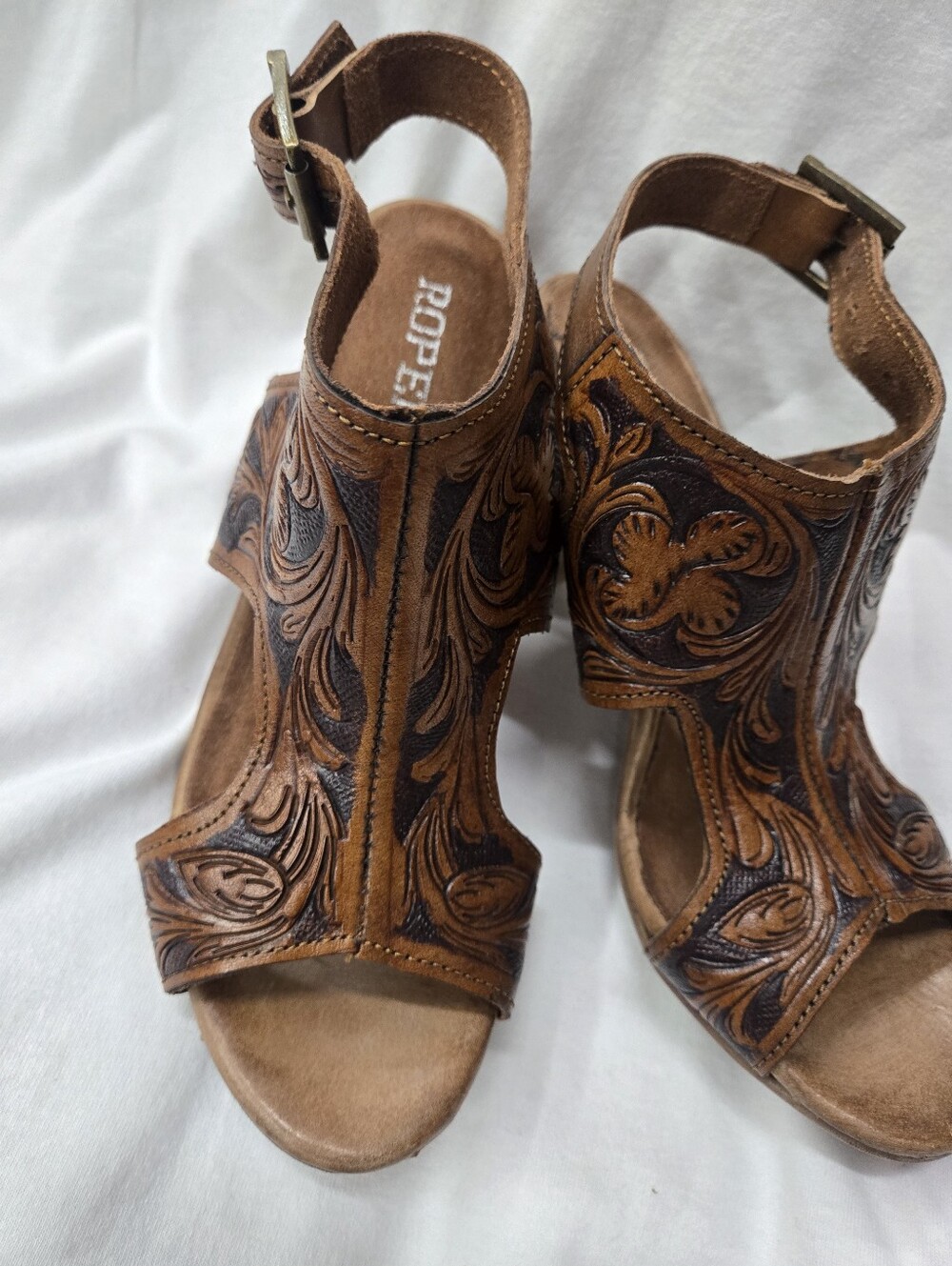 Roper Brown Tooled Leather Open-Toe Block Heel Sandal - Picture 9 of 11